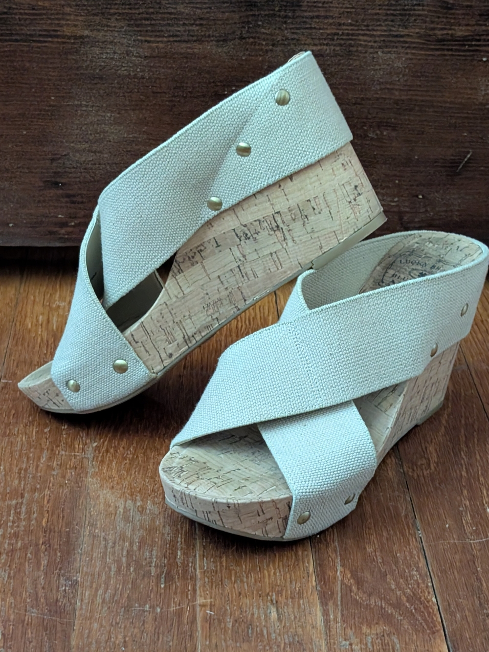 Lucky Brand Sandals Womens 7.5 M Millar Wedge Slides Beige Casual Cork Slip On